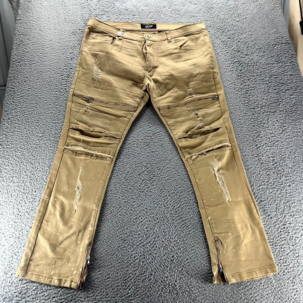 Krisp Jeans Mens 40x32 Brown Cotton Denim Straight Ankle Zip Distressed Outdoor